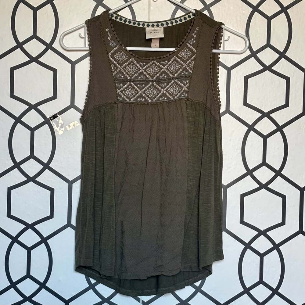 Knox Rose Embroidered Tank Top Size S Green Sleeveless Blouse Boho